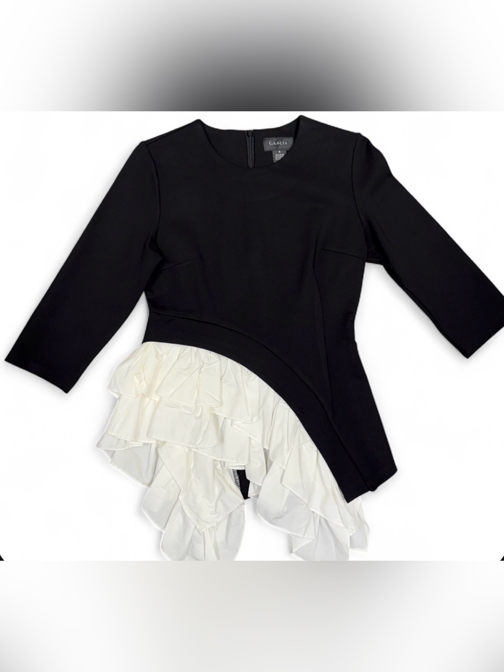 Gracia Black White Asymmetrical Ruffle Hem Top Size Small